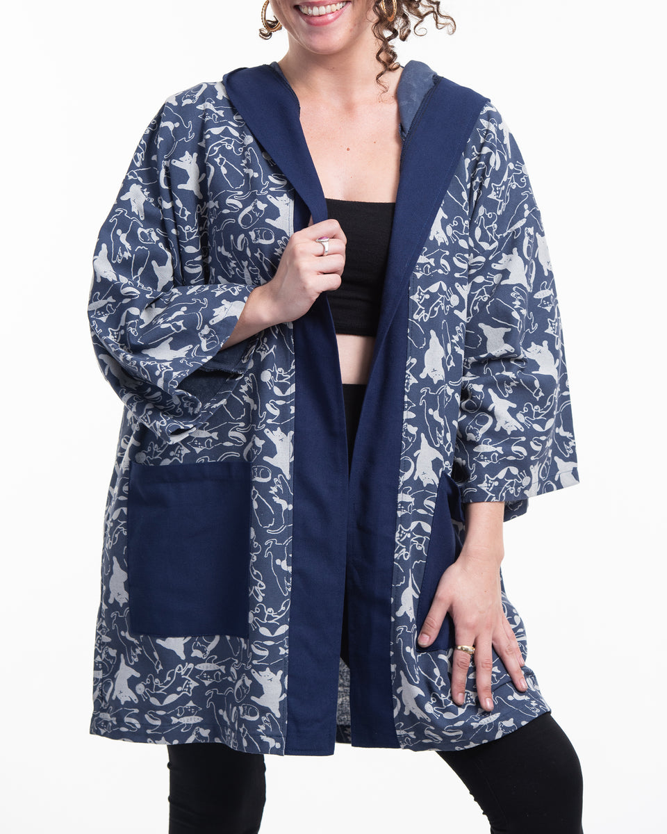 Cats Print Cotton Hoodie Kimono Cardigan in Blue – Harem Pants