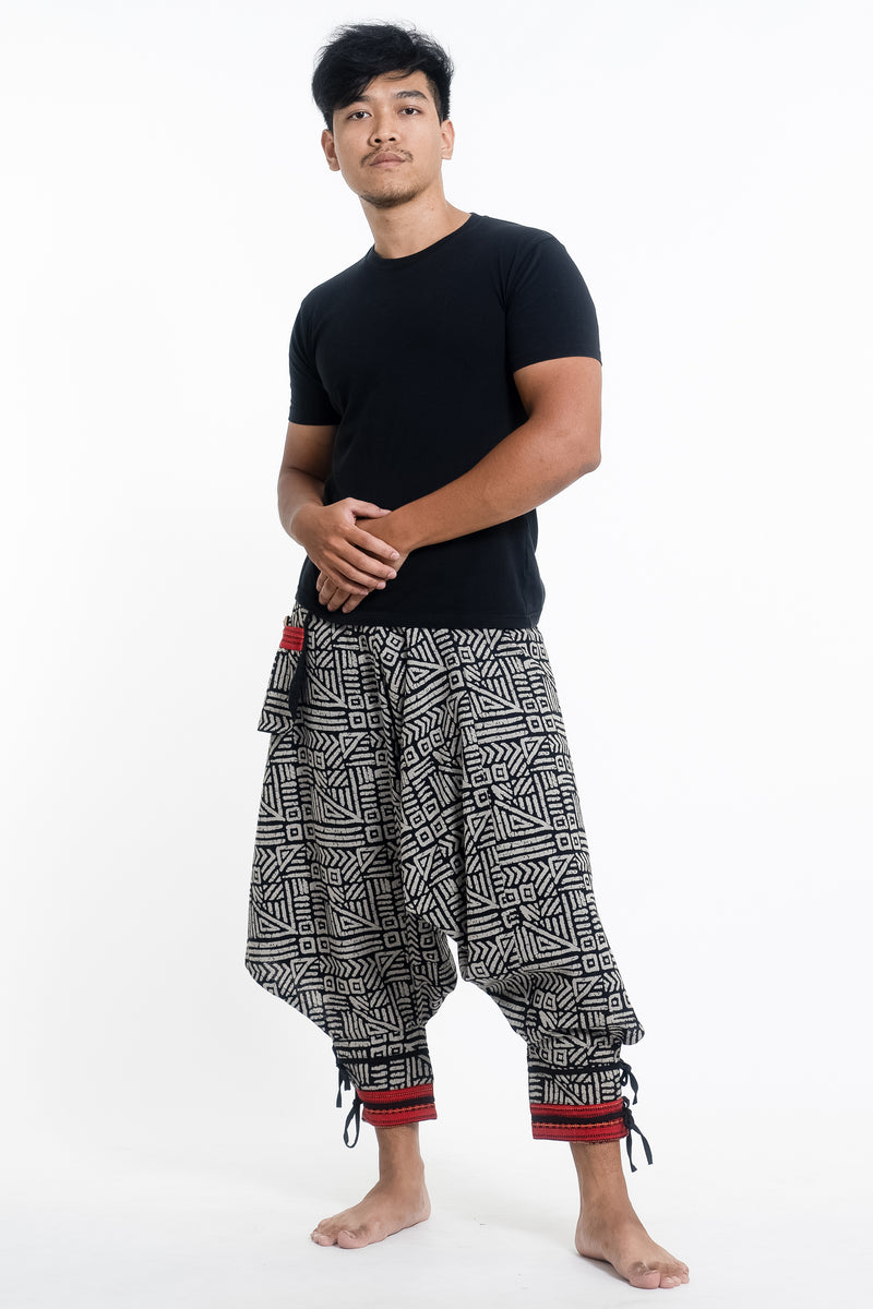 Woven Prints Thai Hill Tribe Fabric Men's Harem Pants with Ankle Straps in  Black