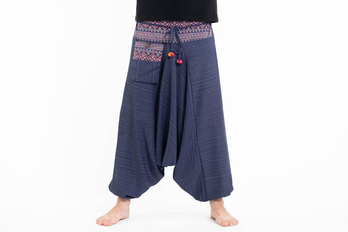 Thai Hill Tribe Fabric Women's Harem Pants with Ankle Straps in Olive