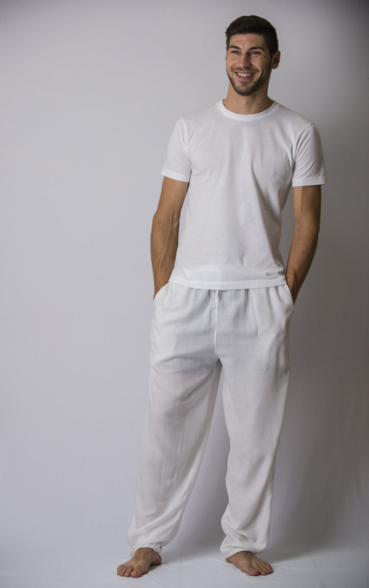 Solid Color Drawstring Men's Yoga Massage Pants in White