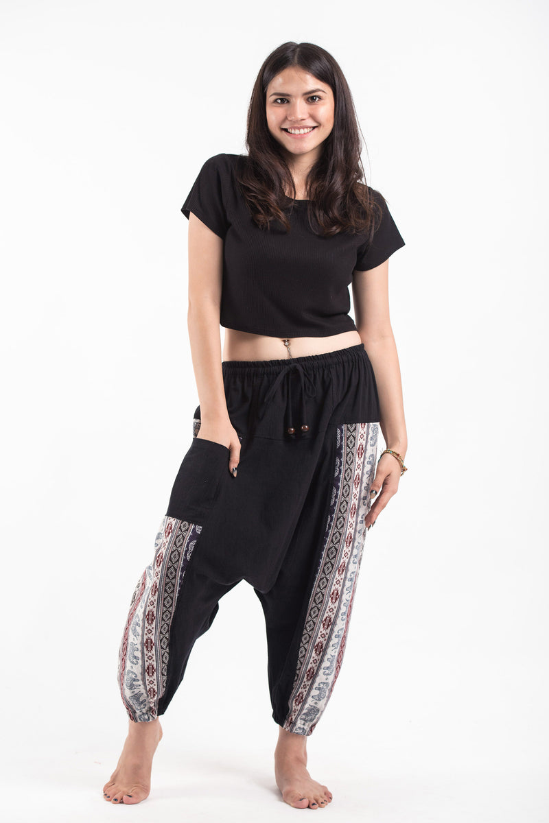 Elephant Aztec Cotton Women's Harem Pants in Black. Free Shipping for all  orders over $60.