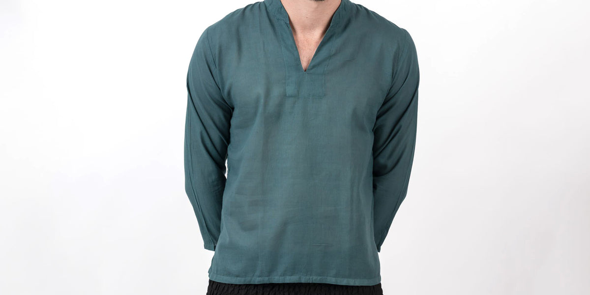 Mens Yoga Shirts Nehru Collared in Dark Teal