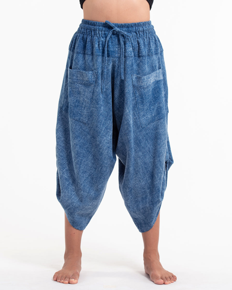 Stone Washed Large Pockets Women's Harem Pants in Light Blue