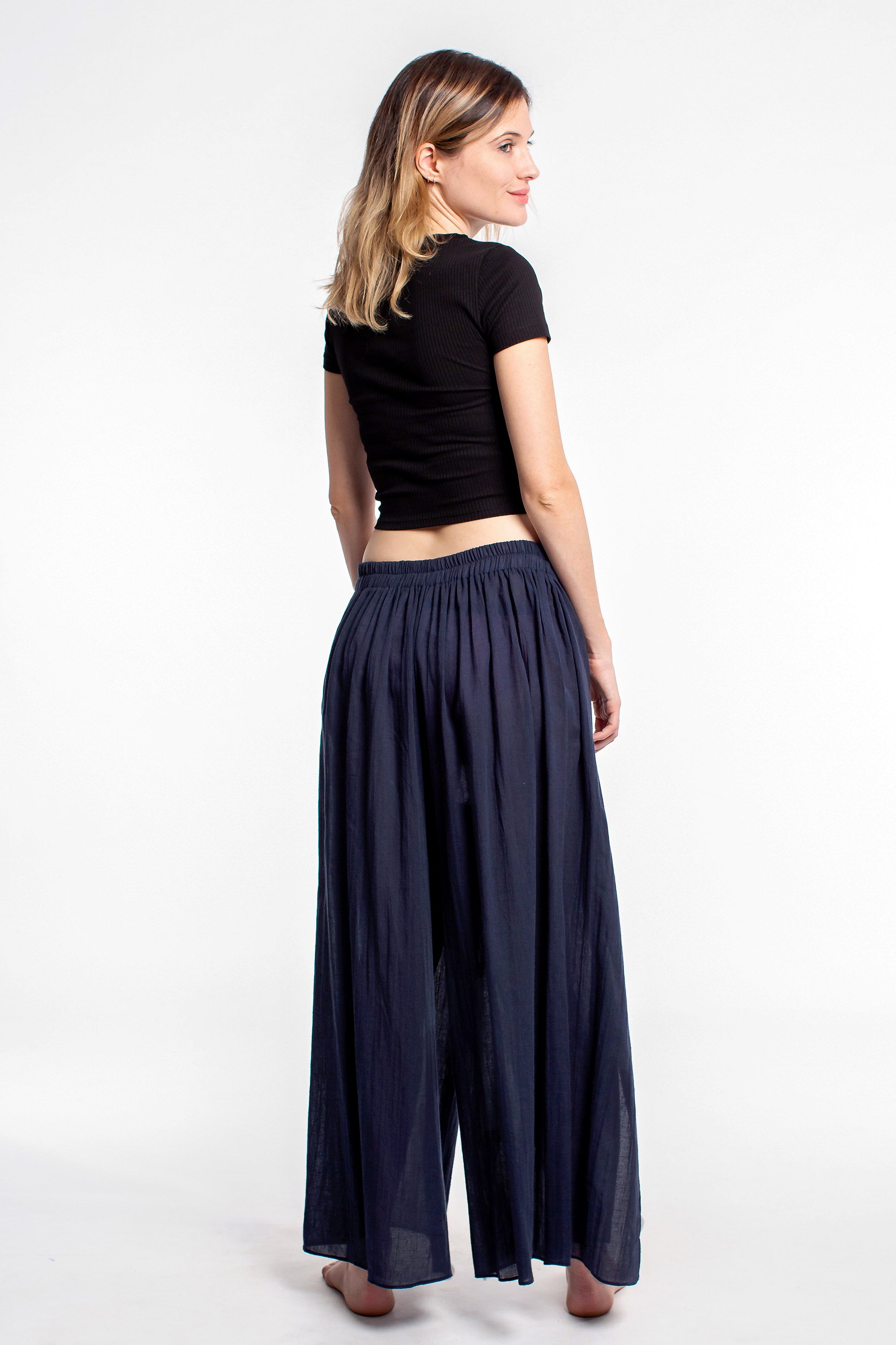 Women's Cotton Wrap Palazzo Pants in Solid Navy – Harem Pants