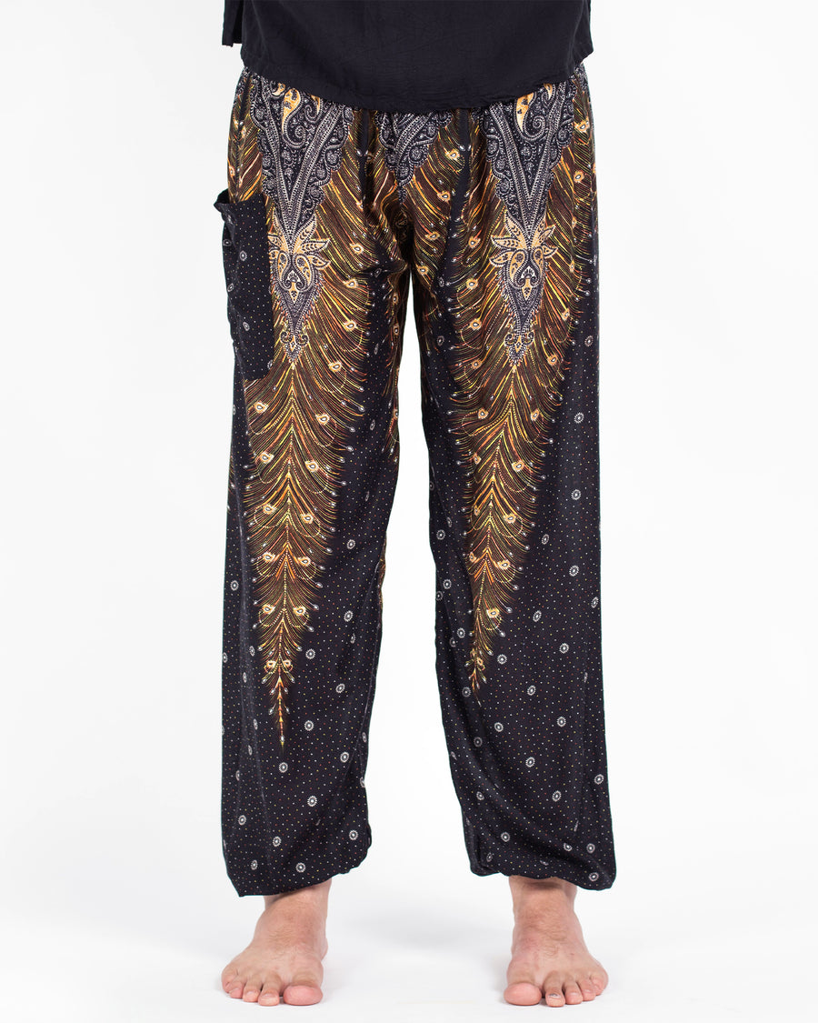 Peacock Feathers Men's Harem Pants in Black