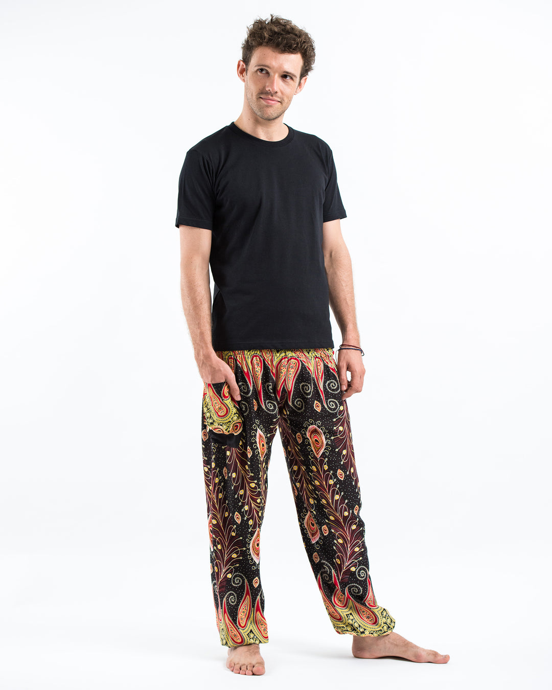 Peacock Paisley Men's Harem Pants in Black