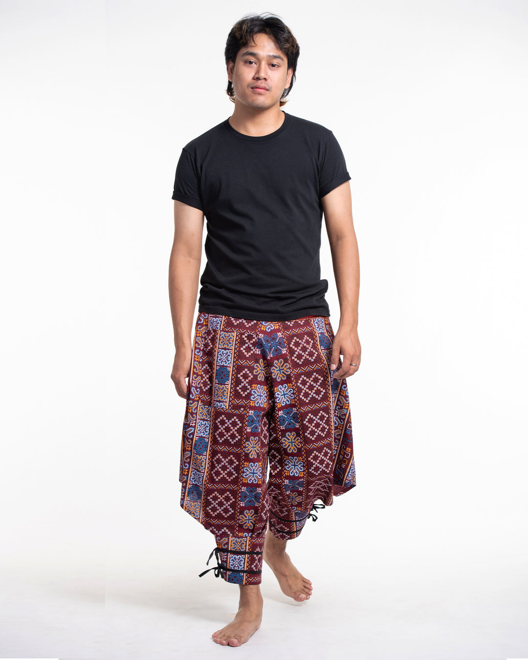 Clovers Thai Hill Tribe Fabric Men's Harem Pants with Ankle Straps in
