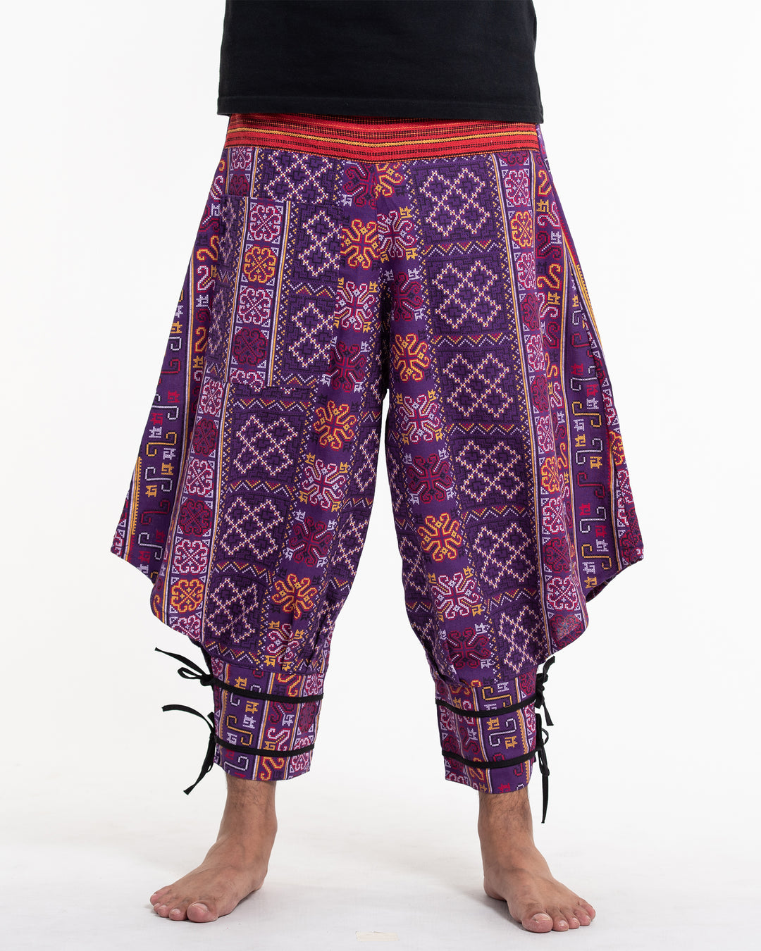 Clovers Thai Hill Tribe Fabric Men's Harem Pants with Ankle Straps in