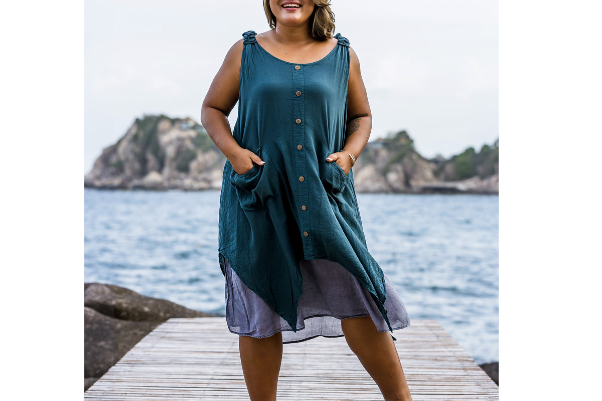 Plus Size Women's Crinkled Hill Tribe Cotton Tank Dress in Teal – Harem ...