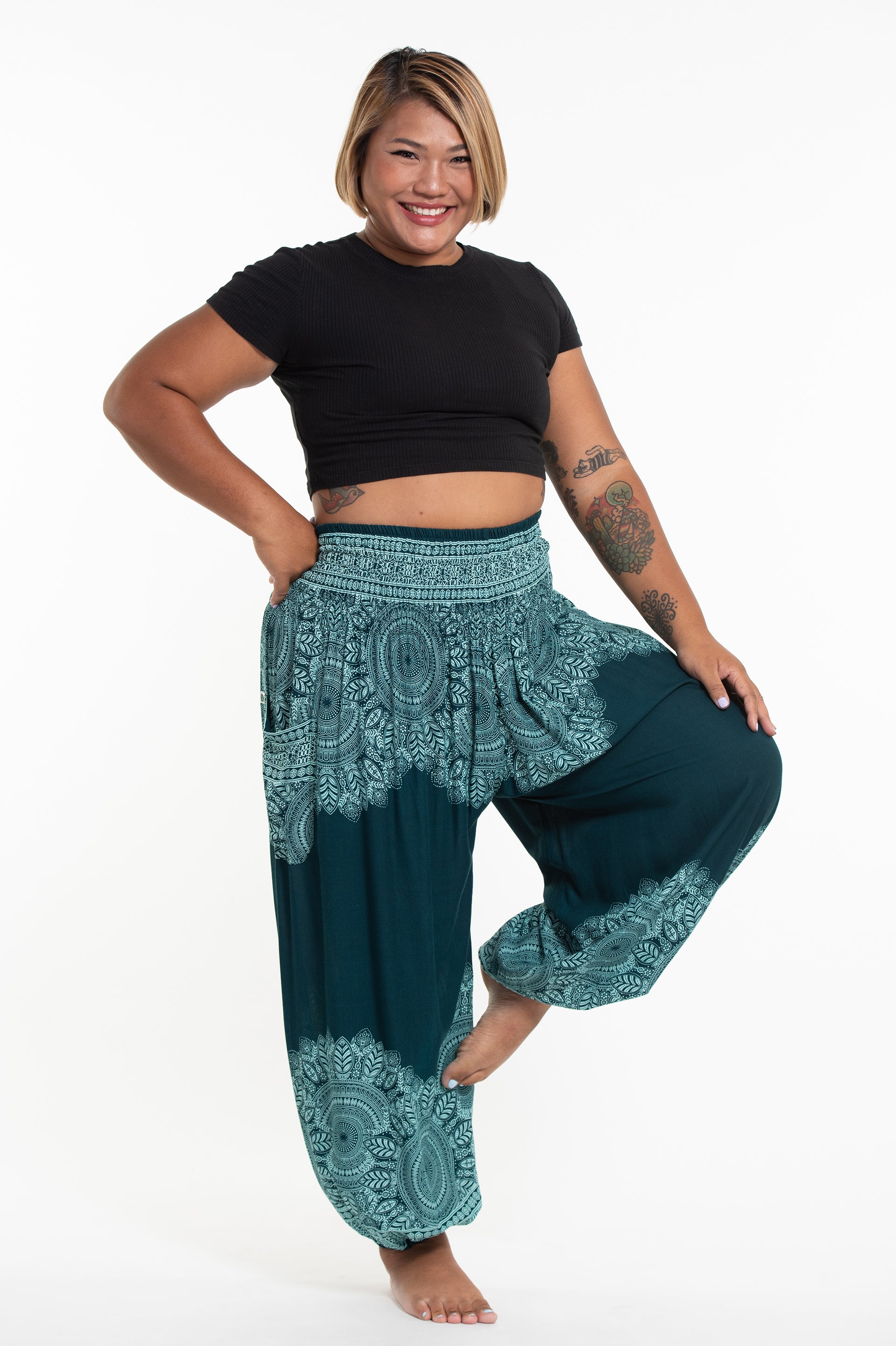 Plus Size Floral Mandalas Womens Harem Pants In Teal