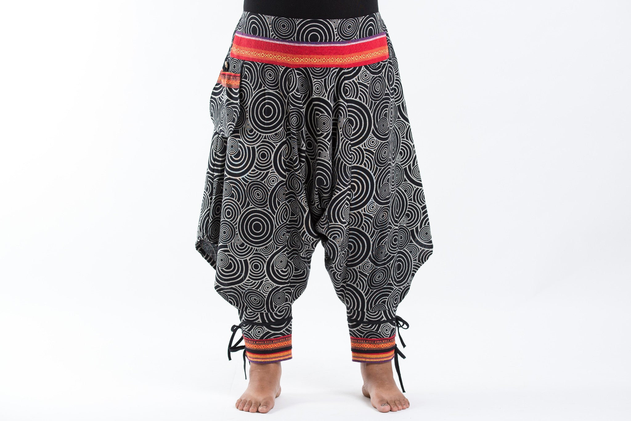 Plus Size Swirls Prints Thai Hill Tribe Fabric Women Harem Pants with Ankle Straps in Black