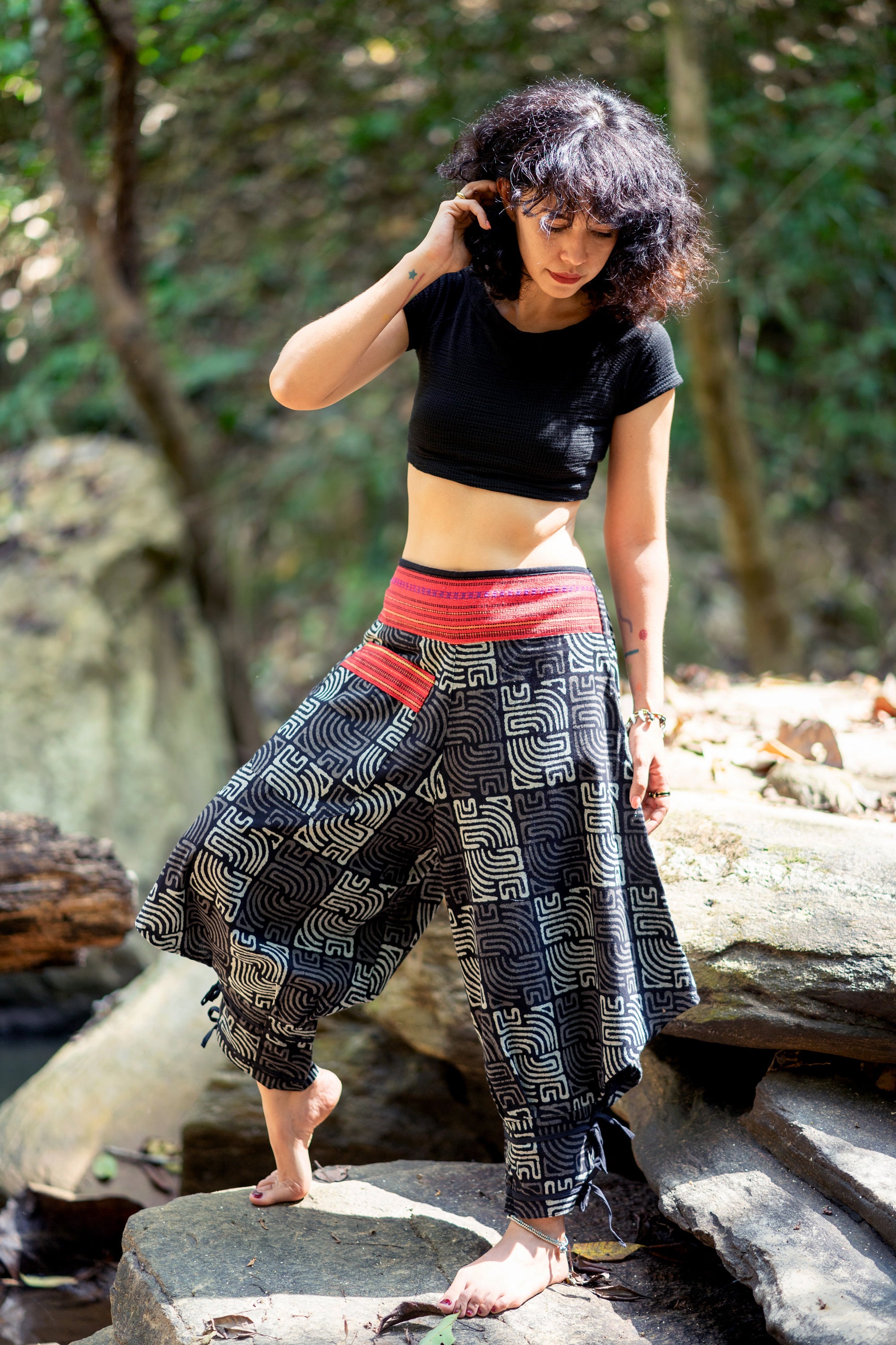 Maze Prints Thai Hill Tribe Fabric Women's Harem Pants with Ankle Stra