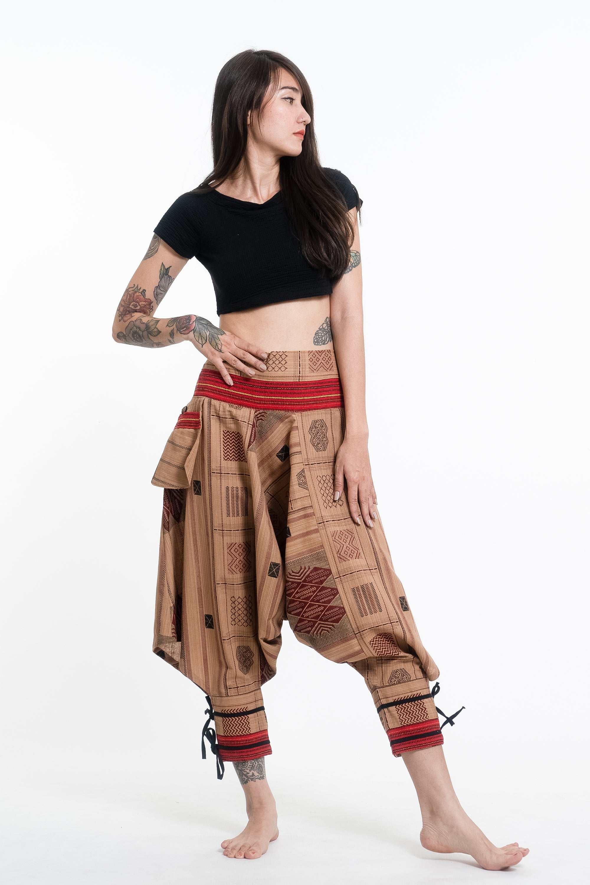 Thai Hill Tribe Fabric Women's Harem Pants with Ankle Straps in Beige