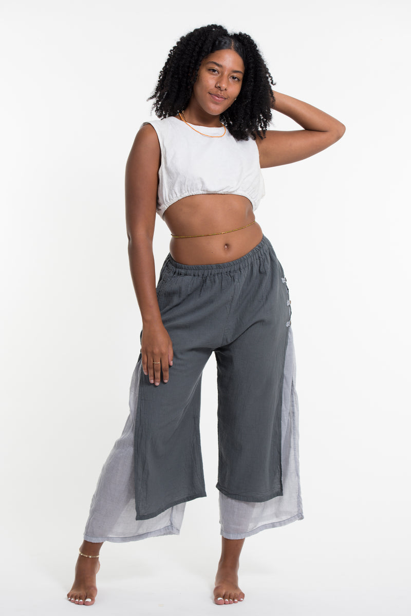 Women's Cotton Double Layers Cropped Pants in Solid Gray – Harem Pants