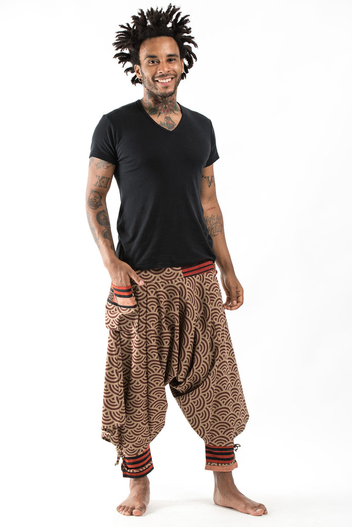 Seigaiha Wave Print Hill Tribe Drawstring Men's Harem Pants with Ankle  Straps