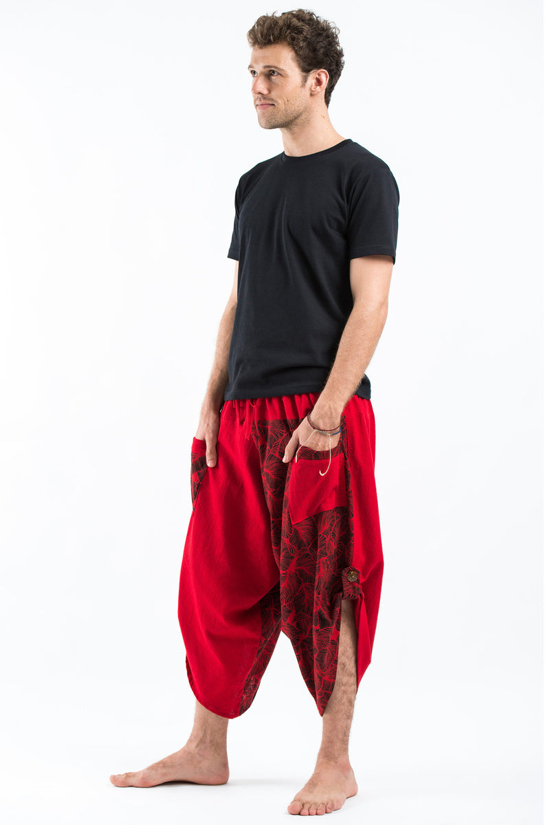 Two Tone Leaves Prints Men's Three Quarter Pants in Red – Harem Pants