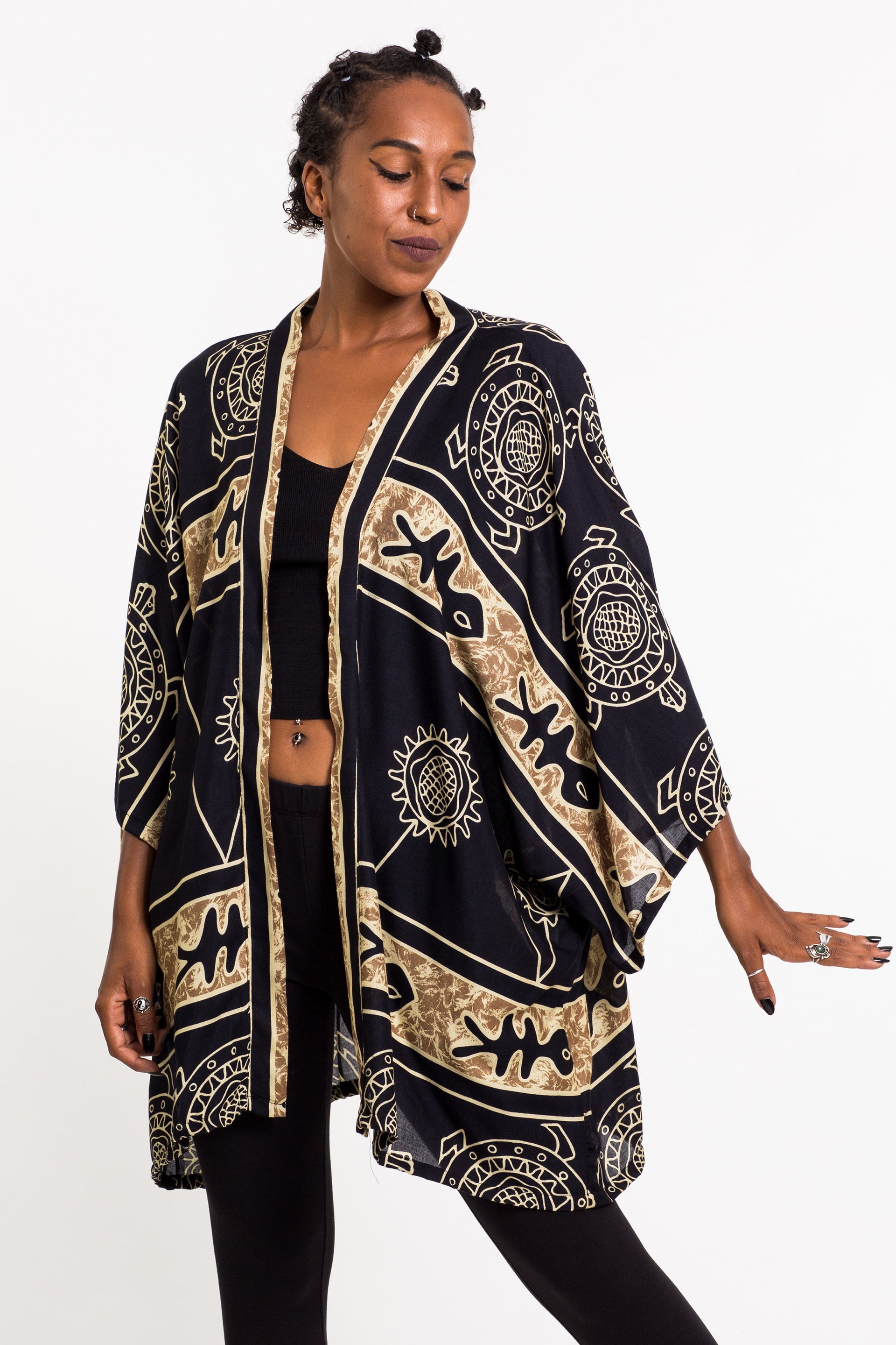 Turtle Print Kimono Cardigan in Gold – Harem Pants