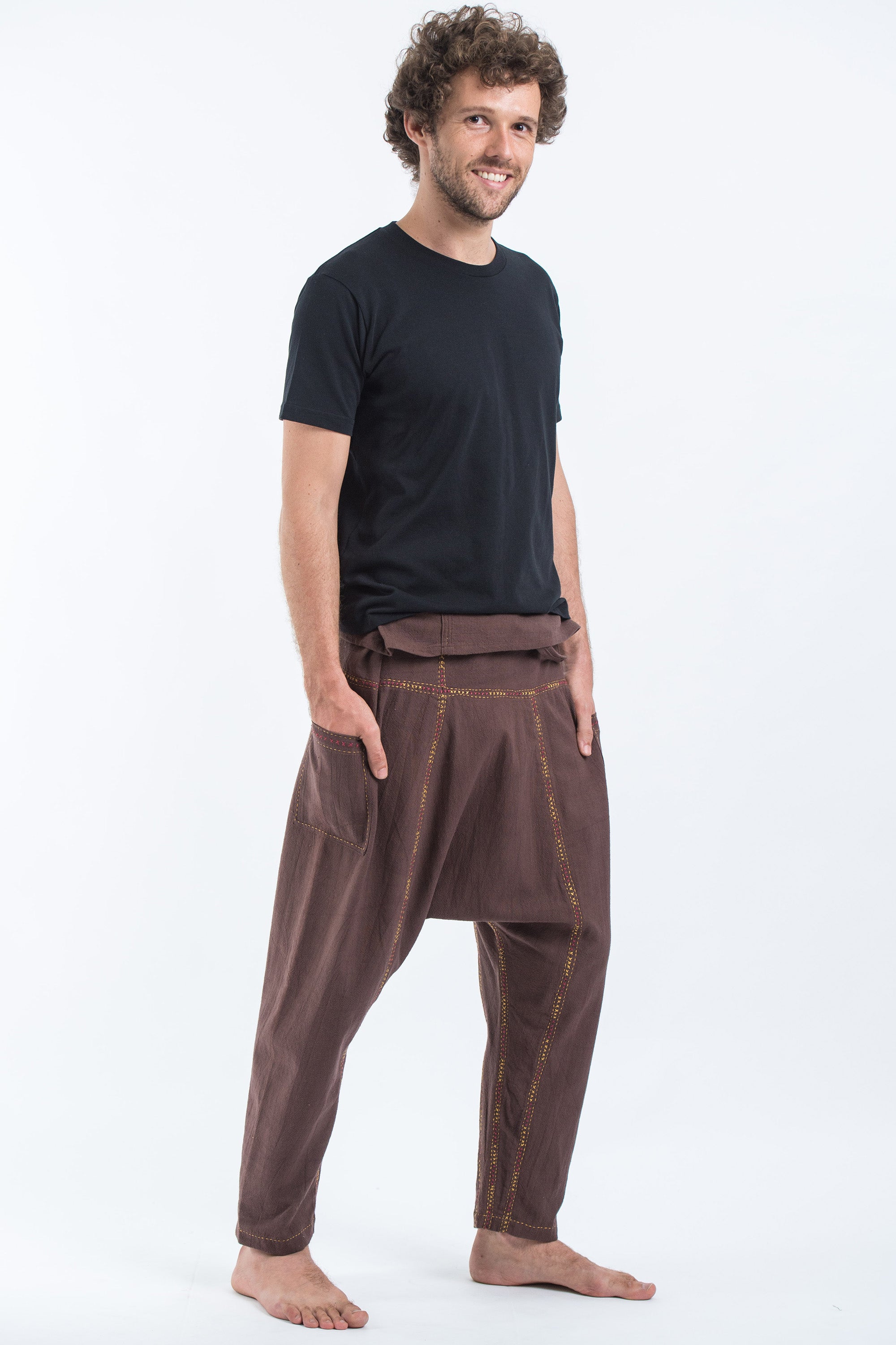 Hand Embroidered Men's Slim Cut Fisherman Pants in Brown – Harem Pants