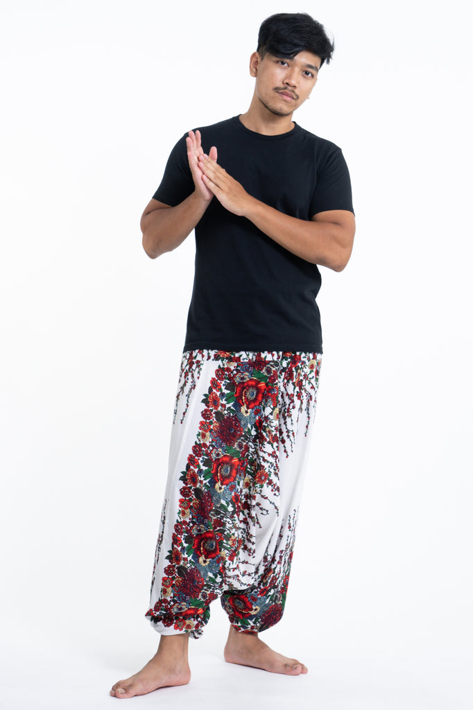 Floral Drop Crotch Men s Harem Pants in White