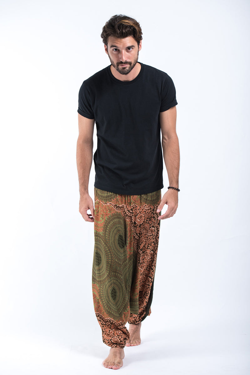 Geometric Mandalas Drop Crotch Men's Harem Pants in Olive