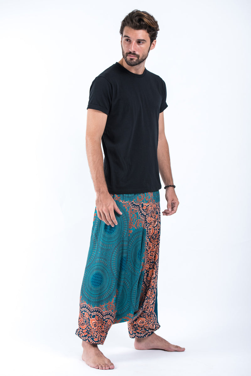 Geometric Mandalas Drop Crotch Men's Harem Pants in Turquoise