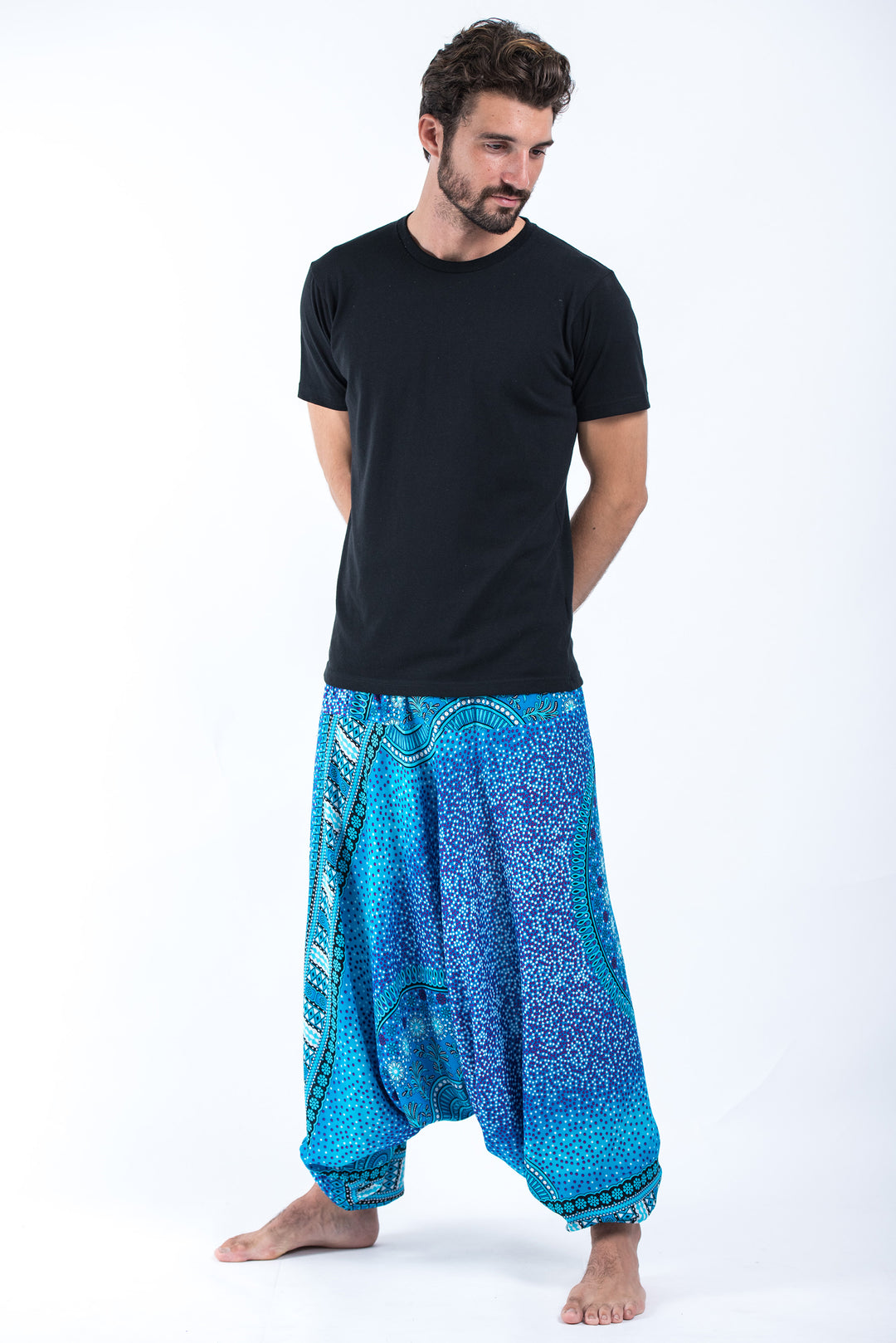 Tribal Chakras Drop Crotch Men's Harem Pants in Blue