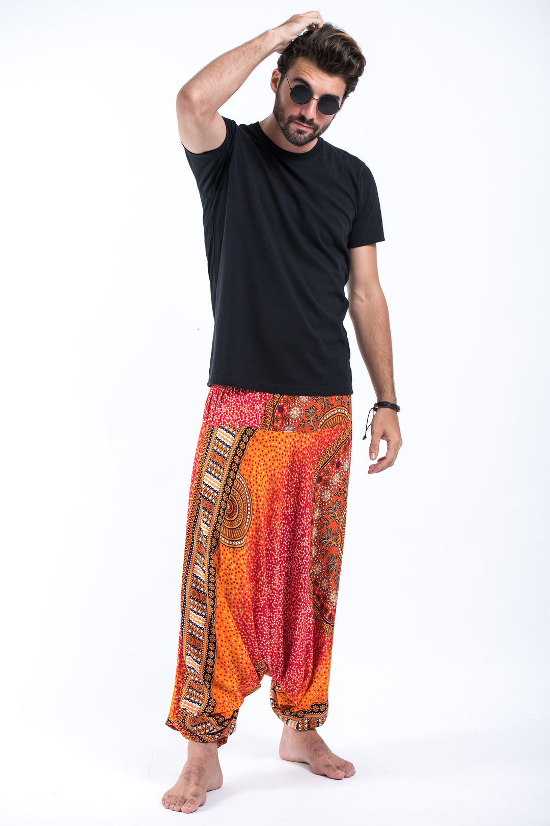 Tribal Chakras Drop Crotch Mens Harem Pants In Orange 1357