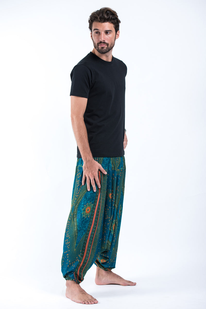 Peacock Eye Drop Crotch Men's Harem Pants in Turquoise