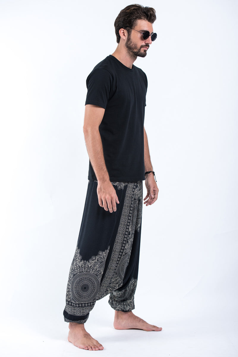 Floral Mandalas Drop Crotch Men's Harem Pants in Black