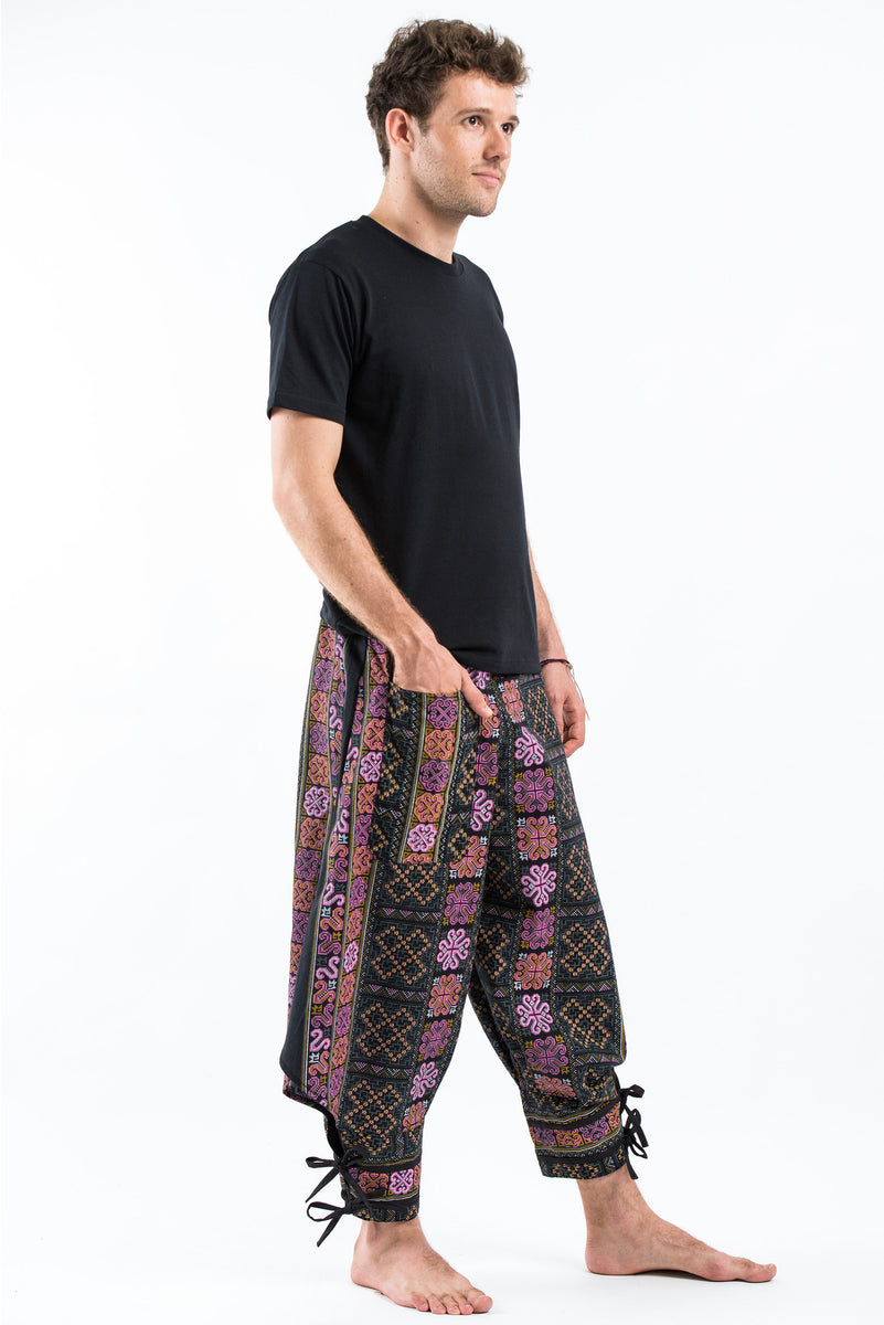 Clovers Thai Hill Tribe Fabric Men's Harem Pants with Ankle Straps in