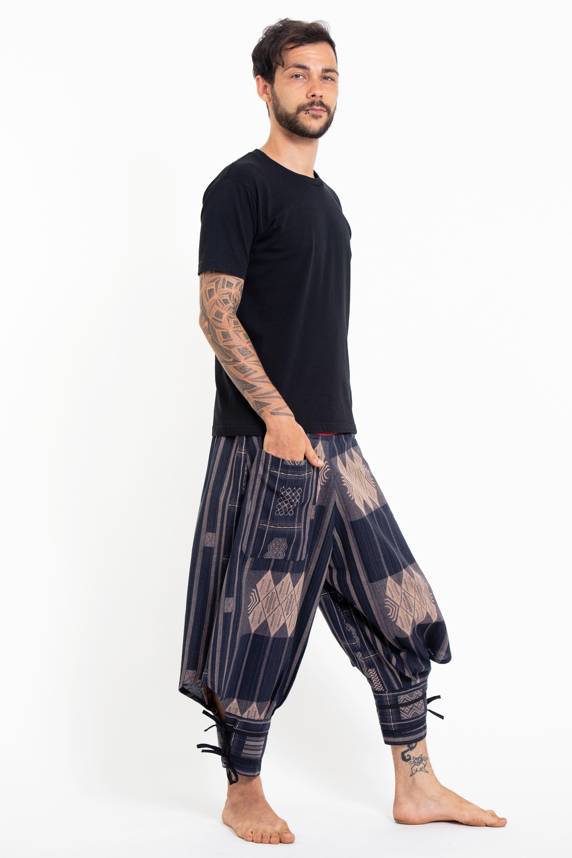 Thai Hill Tribe Fabric Men's Harem Pants with Ankle Straps in Artisan