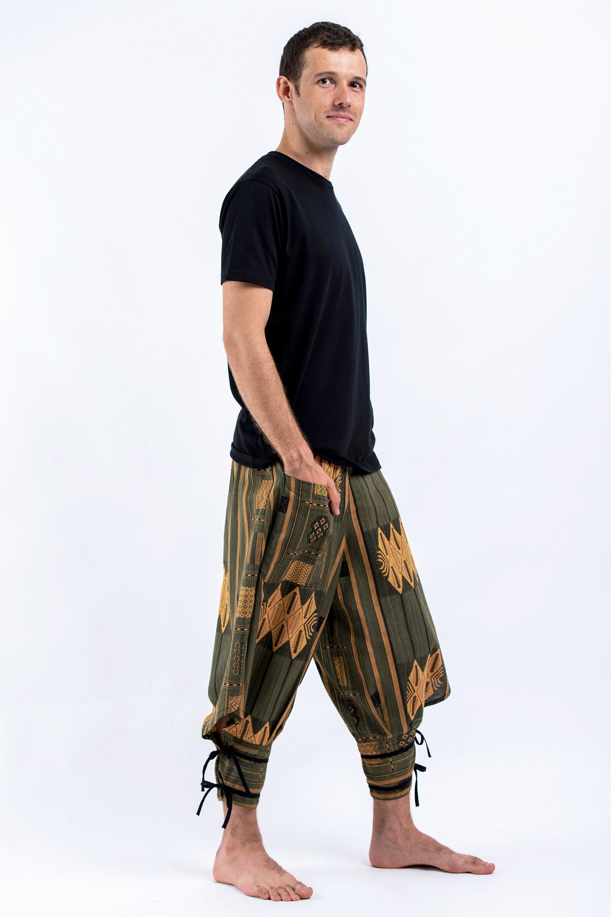 Thai Hill Tribe Fabric Men's Harem Pants with Ankle Straps in Olive
