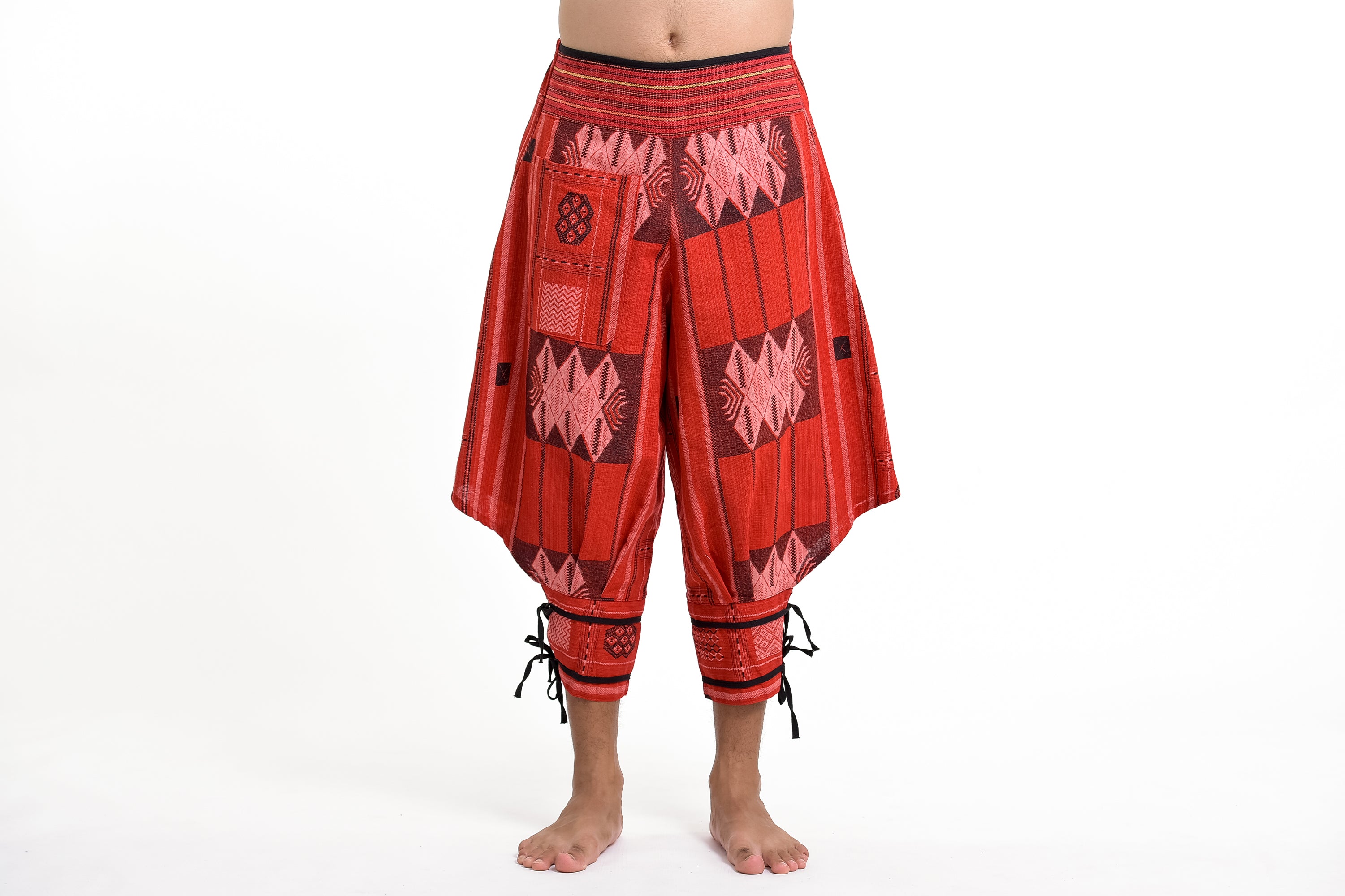 Thai Hill Tribe Fabric Men's Harem Pants with Ankle Straps in Red