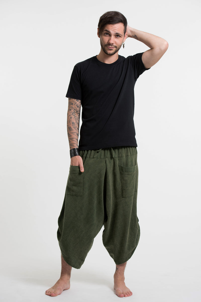 Stone Washed Large Pockets Men's Harem Pants in Dark Green