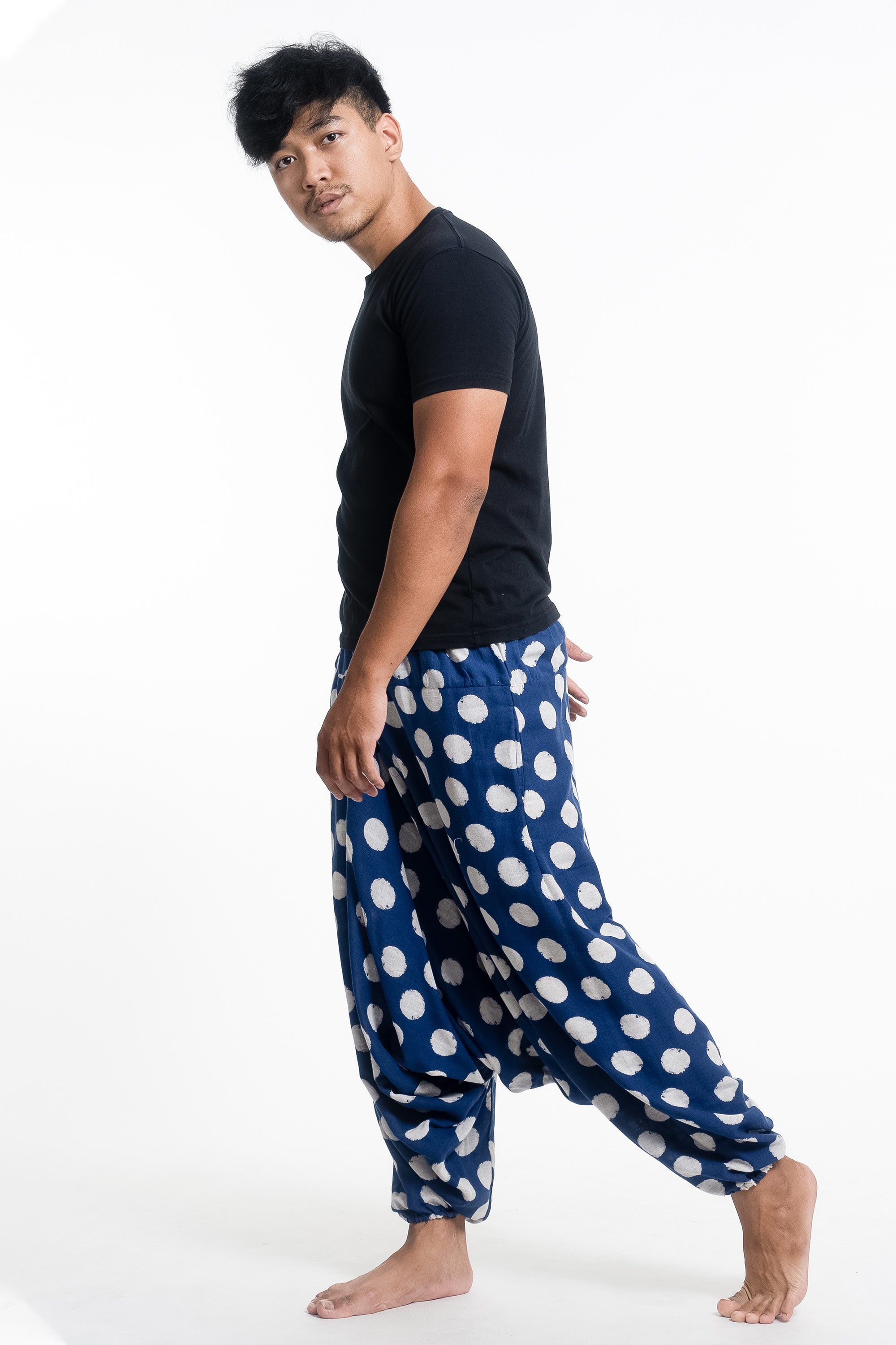 Polkadot Prints Men's Low Cut Cotton Harem Pants in Indigo