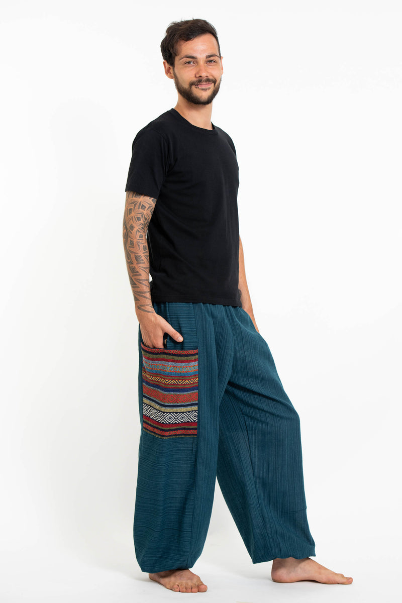 Men's Drawstring Pinstripes Cotton Pants with Aztec Pocket in Turquois ...