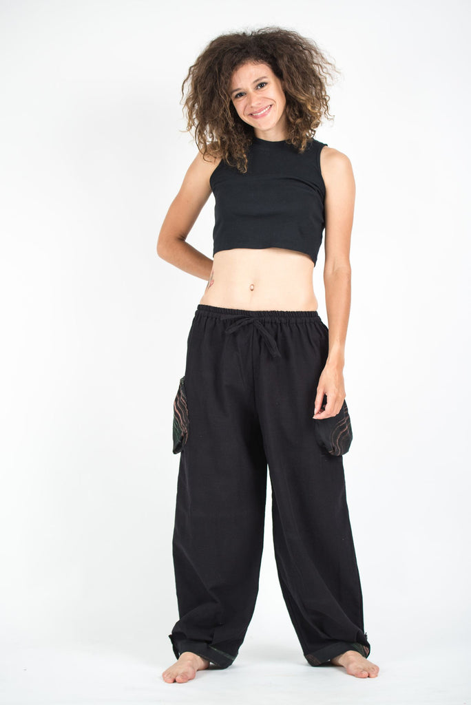 Thai Cotton Women Drawstring Pants With Hill Tribe Trim Black