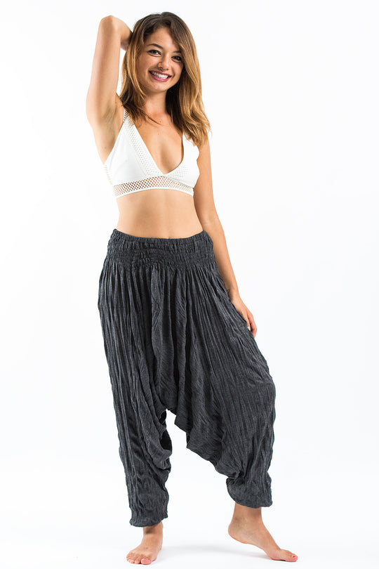 Crinkled Cotton Harem Pants In Black