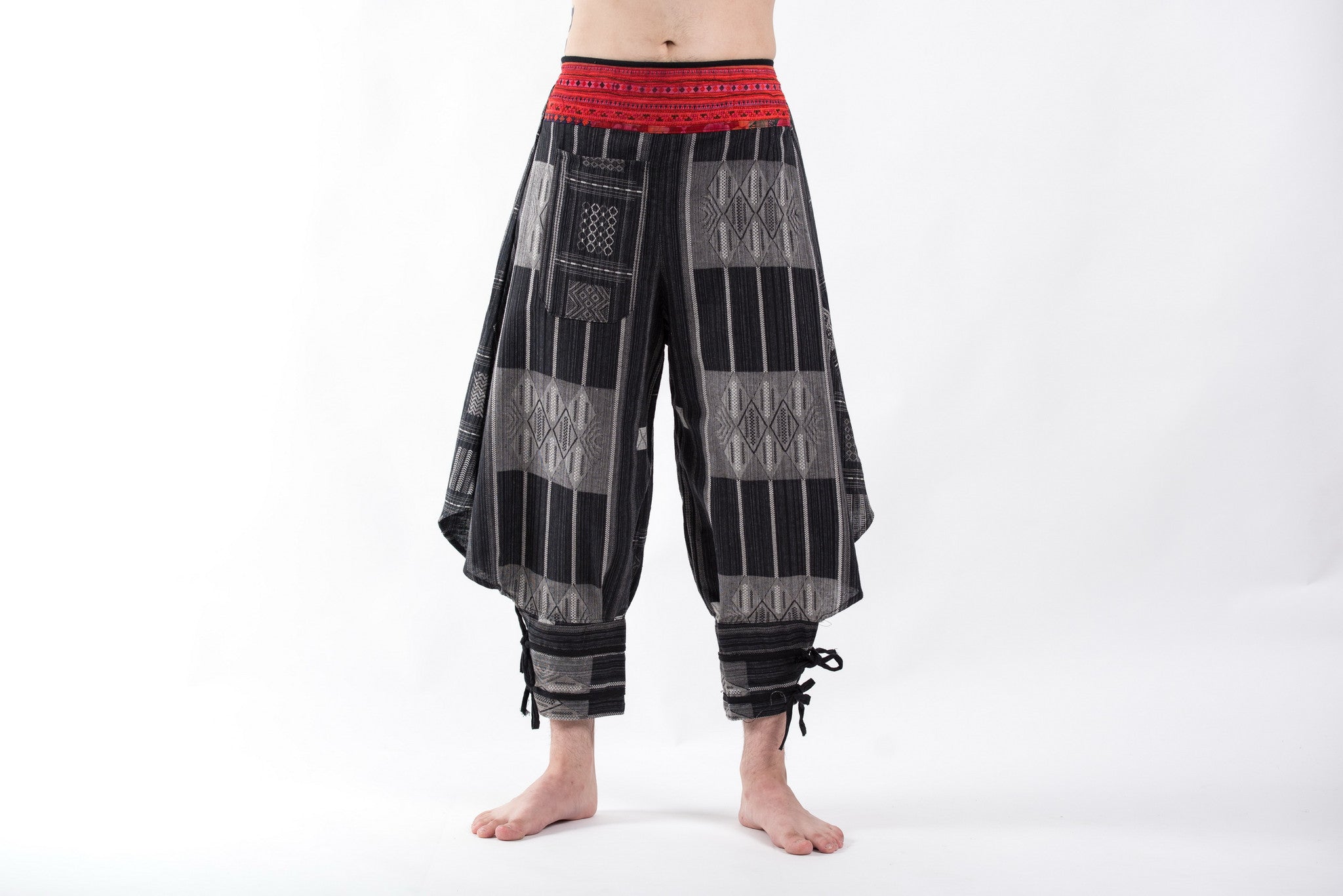 Thai Hill Tribe Fabric Men's Harem Pants with Ankle Straps in Charcoal