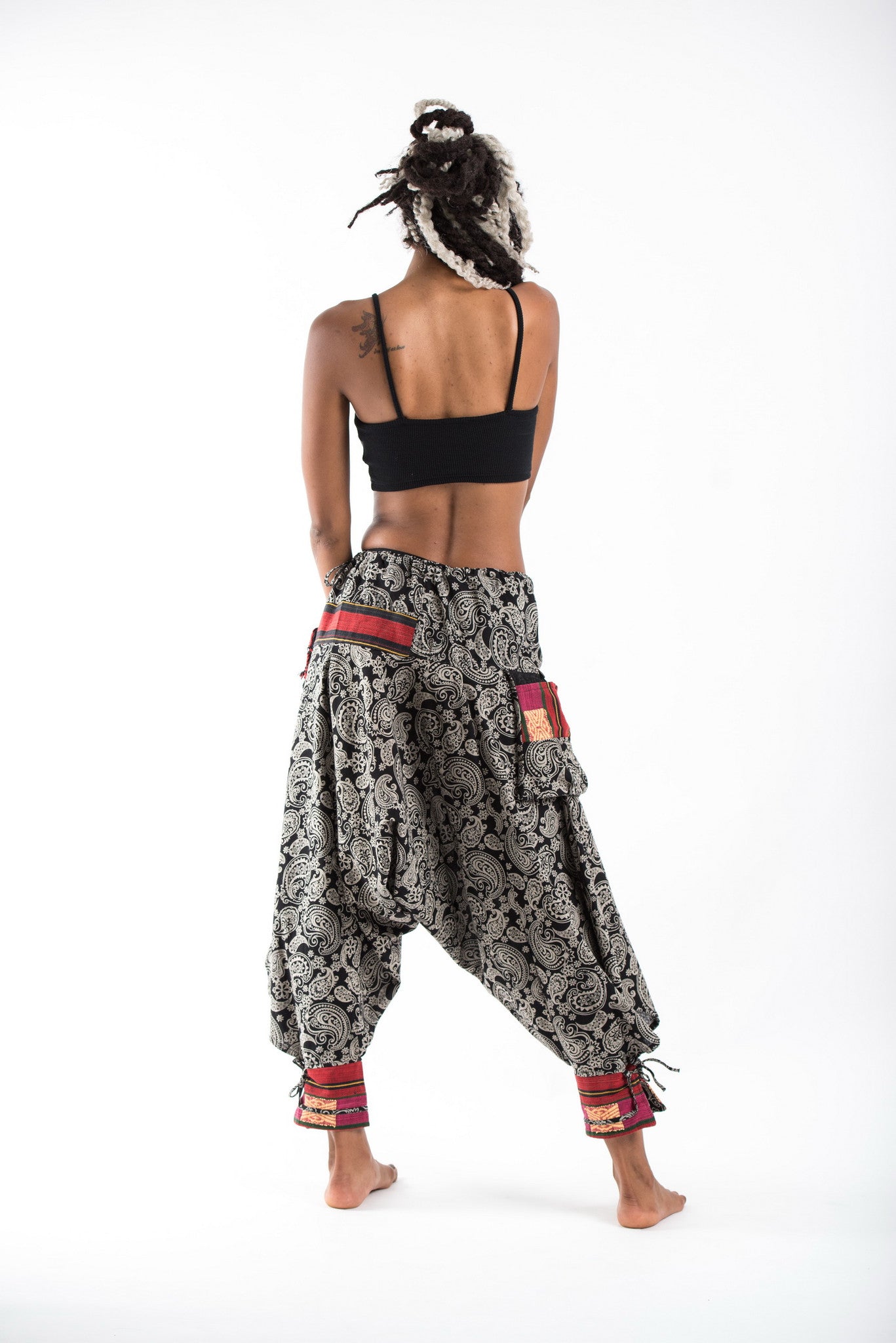 Paisley Thai Hill Tribe Fabric Women's Harem Pants with Ankle Straps