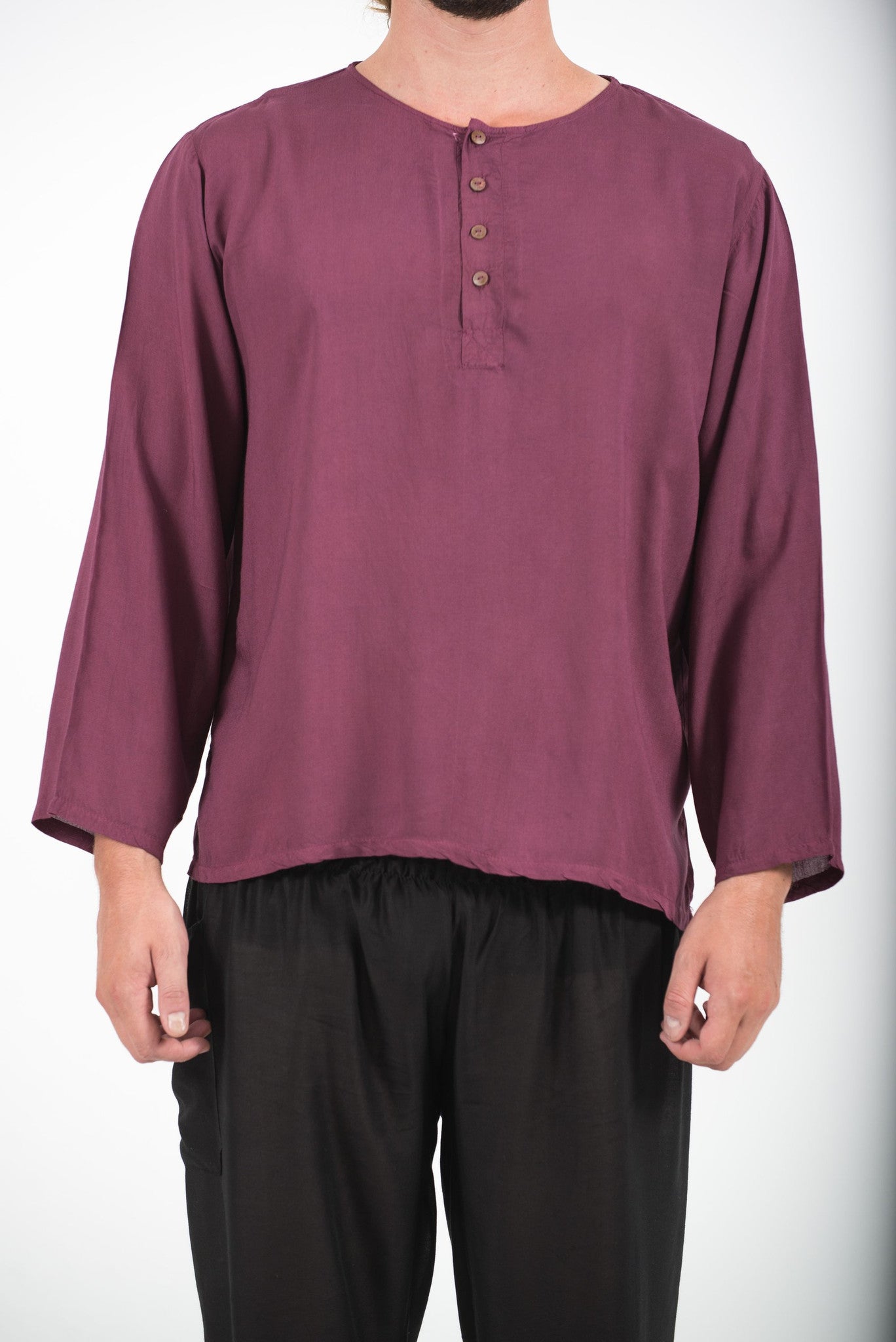 Mens Yoga Shirts No Collar with Coconut Buttons in Purple – Harem Pants