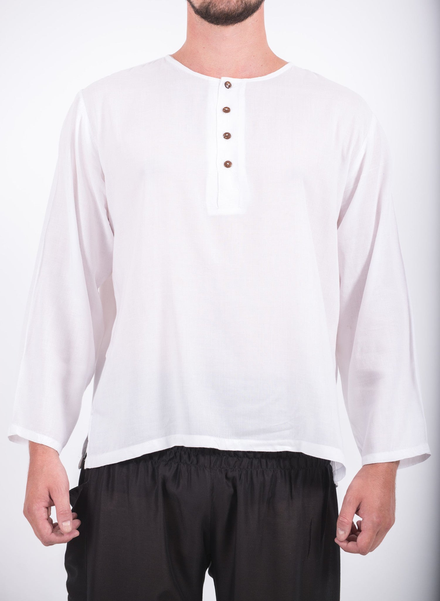 Mens Yoga Shirts No Collar with Coconut Buttons in White