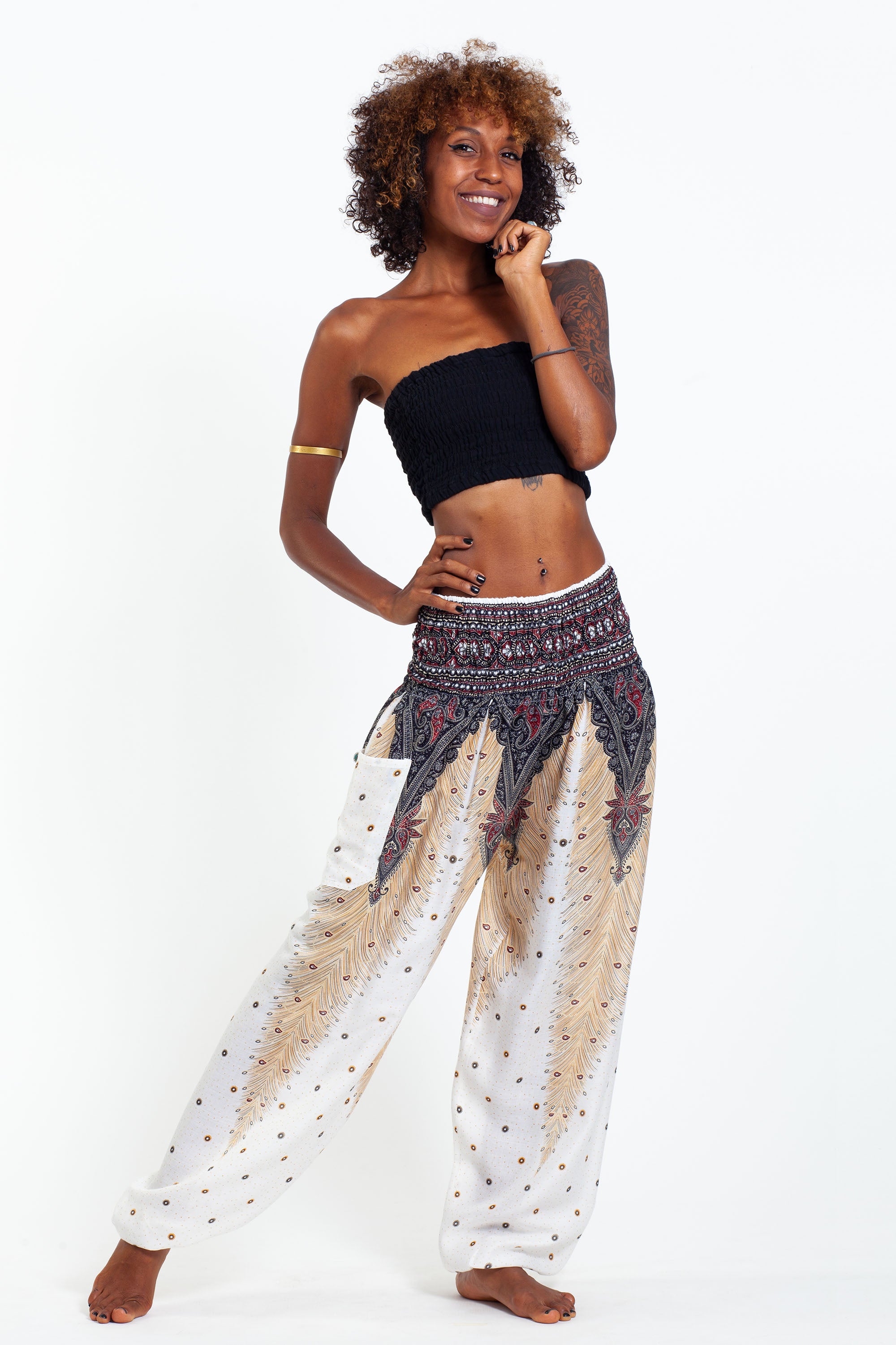 Peacock Feathers Women's Harem Pants in White