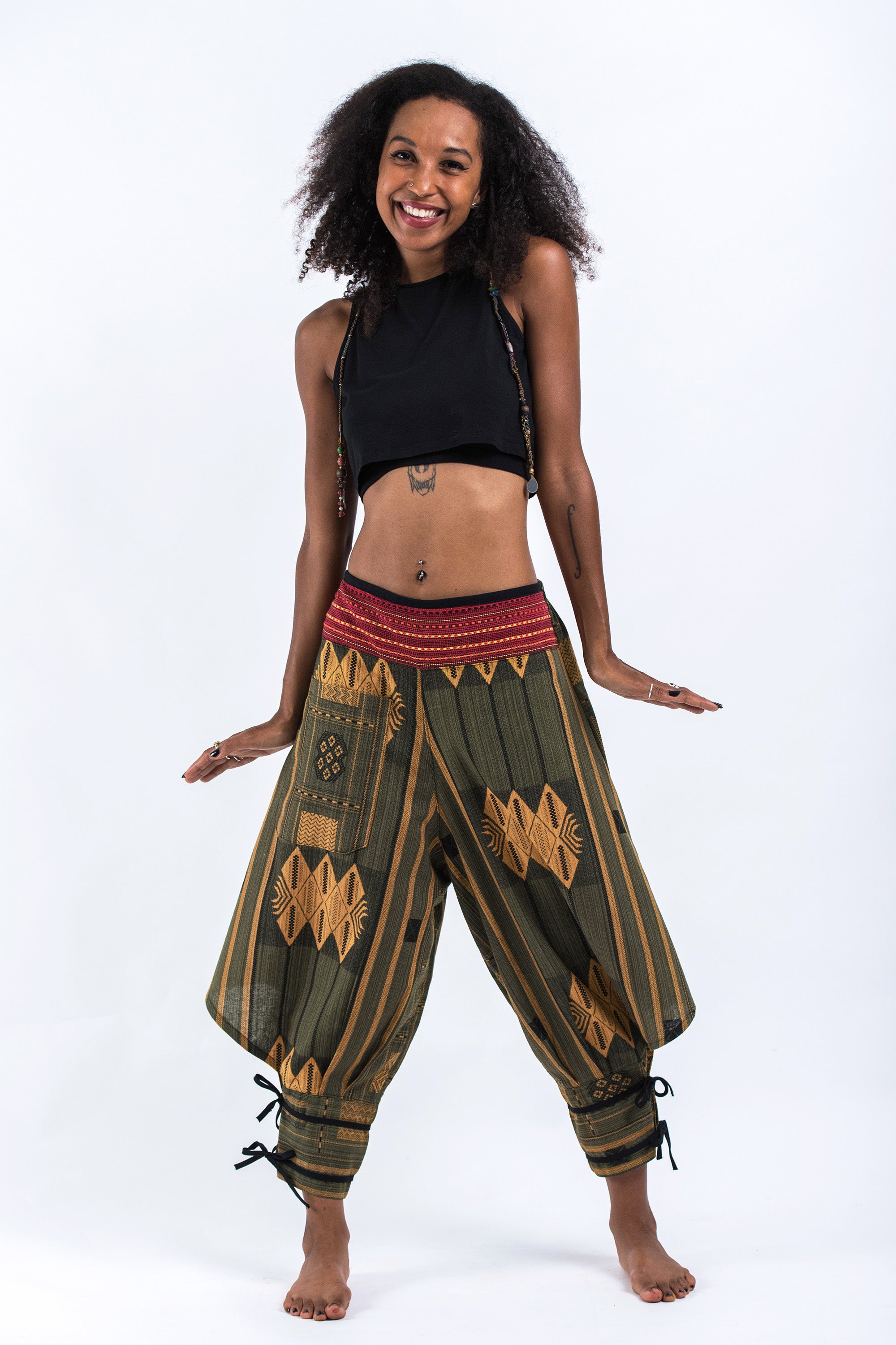 Thai Hill Tribe Fabric Women's Harem Pants with Ankle Straps in Olive