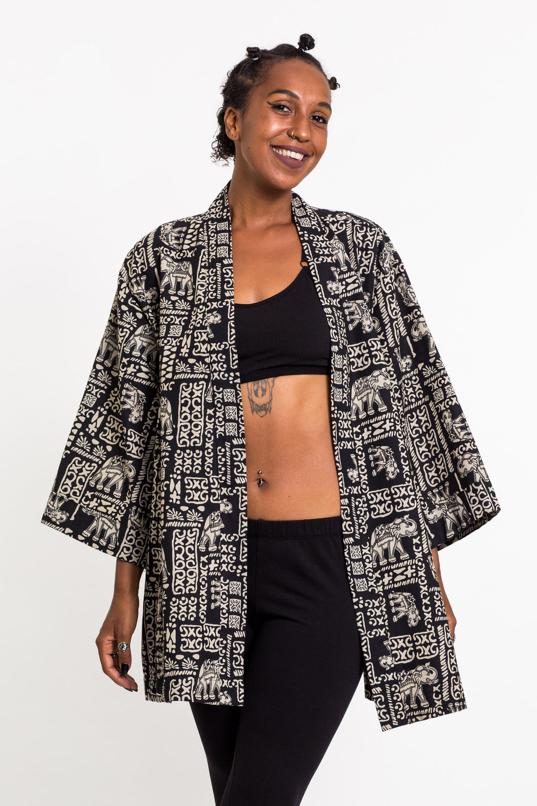 Elephant Print Cotton Kimono Cardigan in Black – Harem Pants