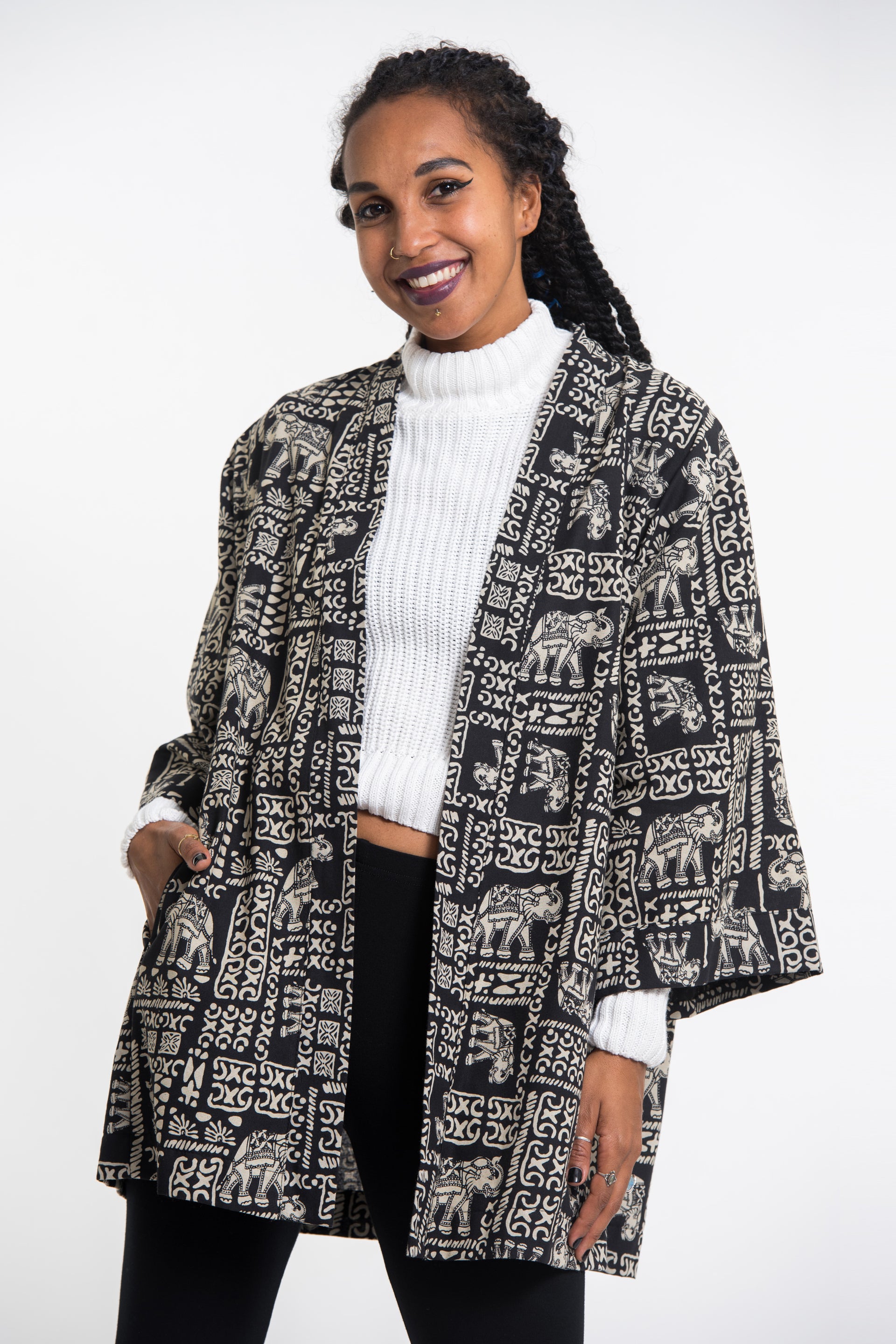 Elephant Print Cotton Kimono Cardigan in Black – Harem Pants