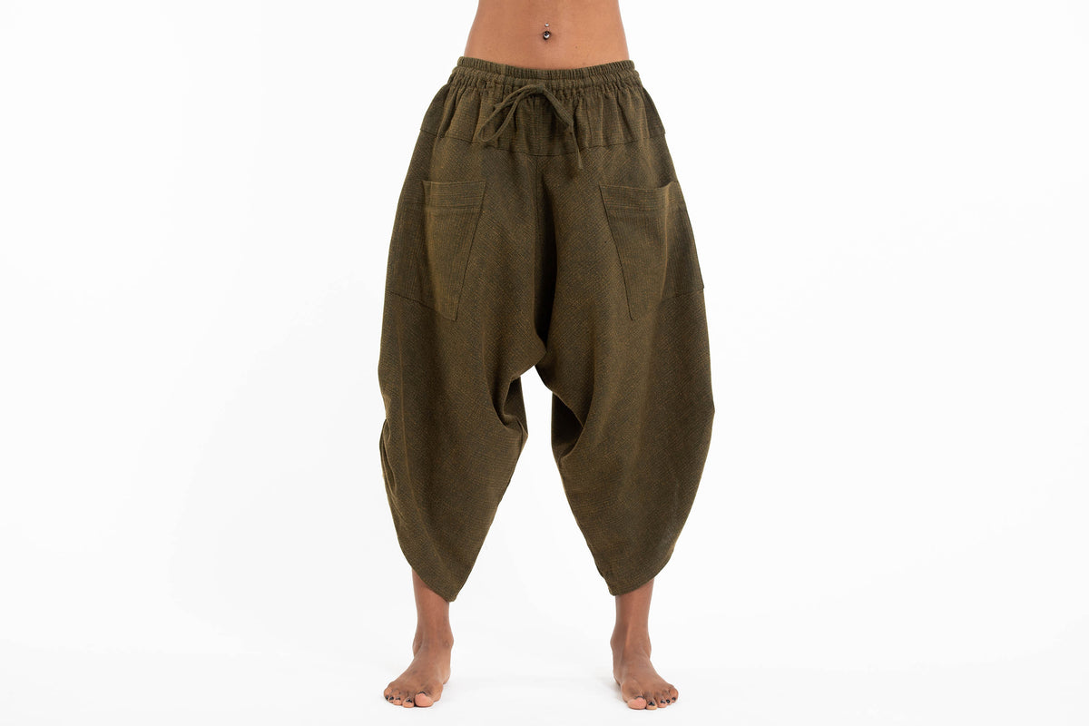 Stone Washed Large Pockets Women's Harem Pants in Olive Green