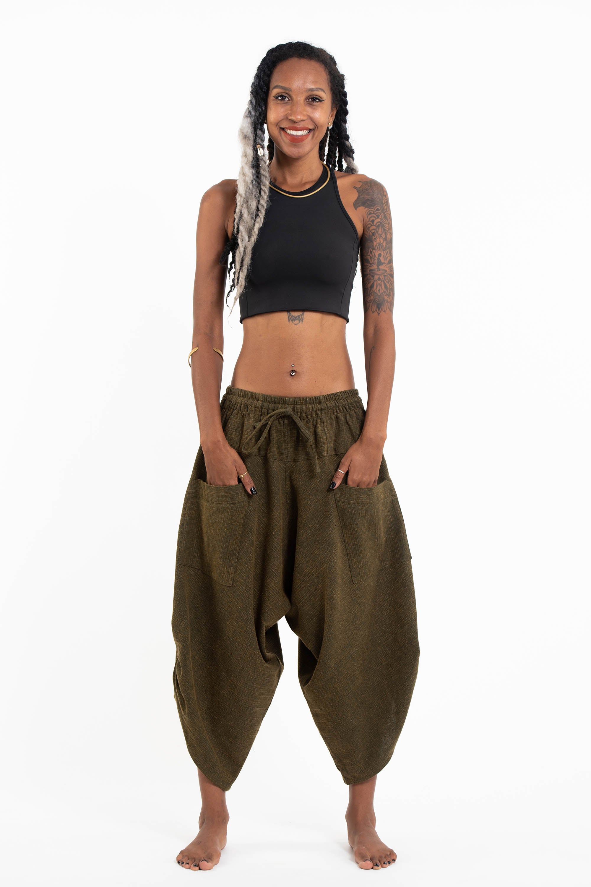 Stone Washed Large Pockets Women's Harem Pants in Olive Green