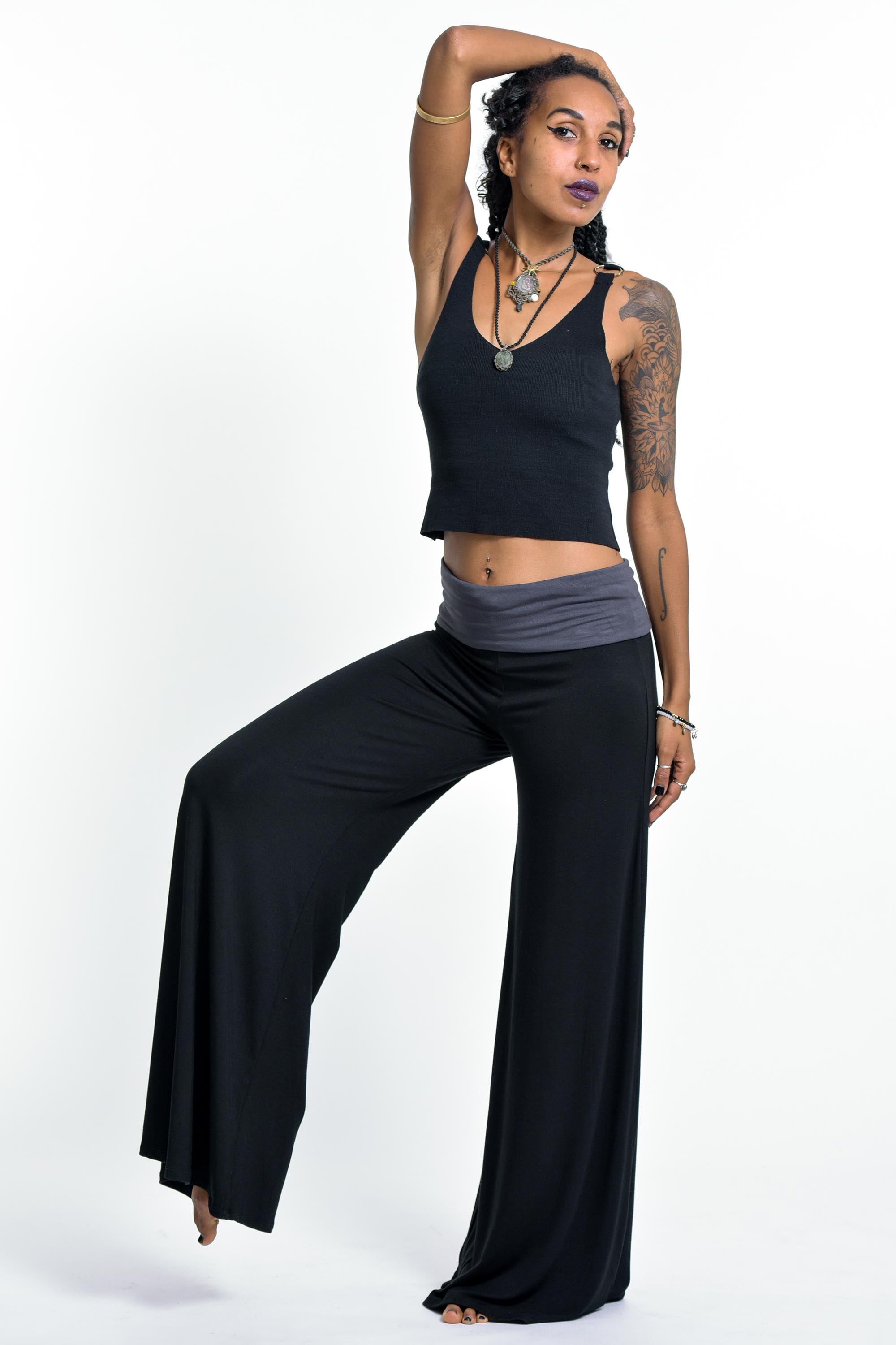 Spandex Palazzo Pants Cotton Harem Solid Leg in Wide Black