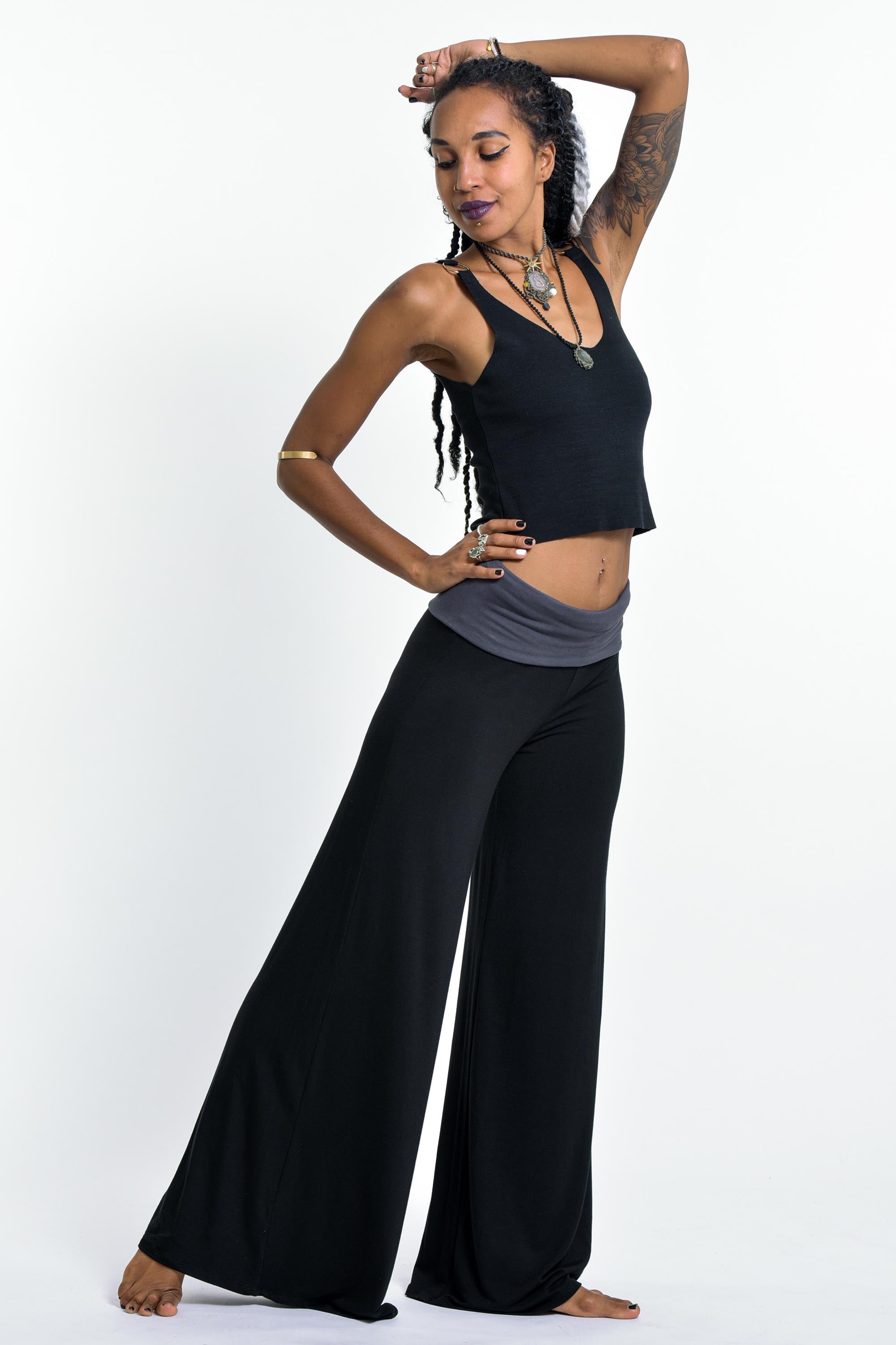 Pants Spandex Leg Solid Black in Cotton Harem Wide Palazzo
